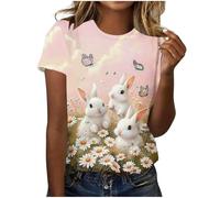Easter Tops for Women Cute Bunny Print Blouse Short Sleeve Crew Neck Basic Tunic Tops Casual Loose Soft Shirts Holiday Festival T-Shirt Plus Size S-5XL