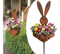 Easter Vintage Metal Rabbit Shaped Planter Garden Stake,35“ Rusty Easter Garden Stakes,Metal Bunny Silhouette GardenDecor with Patina Finish for Small Flowers,Yard,Lawn &Spring Outdoor Displays