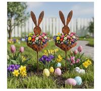 Easter Vintage Metal Rabbit Shaped Planter Garden Stake, 89 CM Rustic Bunny Silhouette with Patina Finish, Outdoor Yard Art Decor for Spring Flowers & S-ucculents, Decorative Plant Holder (2 Pack)