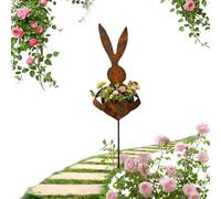 Easter Vintage Metal Rabbit Shaped Planter Garden Stake, Easter Decor Metal Flower Garden Stake Decorative, Rustic Patina Finish Bunny Decor for Outdoor Gardens Yard (1PC)
