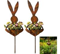 Easter Vintage Metal Rabbit Shaped Planter Garden Stake, Rustic Patina Bunny Yard Decor for Outdoor Garden, Spring Flower & Succulent Display, Charming Easter Decoration (2 Pcs)
