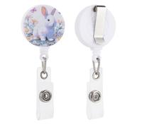 Easter White Bunny in The Grass with Daisies Retractable Badge Holder Reel Clip ID Card Holder for Doctor Nurse Student Office Worker