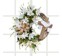 Easter White Lily Cross Wreath - 15.75 Inch, Fabric PC Construction, Elegant Spring Floral Arrangement, Timeless Religious Symbol Design, Seasonal Charm Decorative Piece | For Front Door Hanging Entry