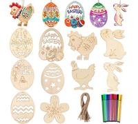 Easter Wooden Crafts, Gyvazla 50 PCS Unfinished Ornaments Easter Egg Bunny Chicken Shaped Flower Hanging Wood Easter Cutouts with 12 Color Markers for Kids Easter Party Supplies DIY Decor