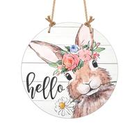 Easter Wooden Hanging Sign, 11.42 x 11.42 Inch Round Bunny Welcome Sign Flowers Rabbit Door Hanger for Easter Spring Indoor Outdoor Home Coffee Shop Rustic Farmhouse Front Door Wall Decor