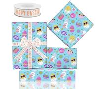 Easter Wrapping Papers, Easter Egg Rabbit Chick Flower Gift Wrap Paper With Ribbons, Happy Easter Day Wrapping Paper for Kids Girls Boys Family on Easter Day or Birthday