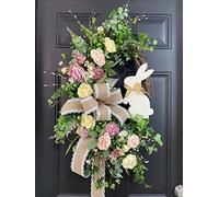 Easter Wreath Decoration,45 cm Easter Wreath for Front Door Spring Wreath with Bunny, Artificial Green Leaves & Flower Wreaths Easter Wreath Garland for Home Indoor Outdoor Easter Gift