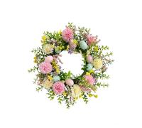 Easter Wreath for Front Door, 40cm Spring Floral Decoration with Pastel Eggs, Artificial Pink Pom-pom Flowers, Cream Daisies, Yellow Accents, Indoor Outdoor Wall Window Garland (A)
