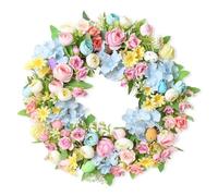 Easter Wreath for Front Door, 45cm Spring Floral Decoration with Pastel Eggs, Artificial Pink Pom-pom Flowers, Cream Daisies, Yellow Accents, Indoor Outdoor Wall Window Garland (C)