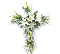 Easter Wreath with Cross,16 Inch Easter Cross Wreath with Colorful Eggs,Bows and Artificial Flowers,Spring Wreath Decor,Easter Decorations, Door Wreath,Doo Home Door Wreaths Outdoor