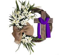 Easter Wreath with Cross, Artificial Holiday Wreath, Simulation Plant Flower Garland Easter Vine Wreath with Faux Cream Lilies Decor(A)