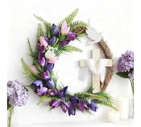 Easter Wreath with Cross Garland, 13.7 * 15.7" Handmade Rustic Spring Door Decor, Religious "He Is Risen" Decoration for Easter, Lent, Church & Home Celebrations