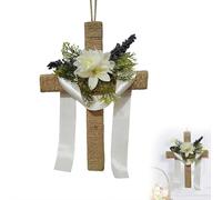 Easter Wreaths for Front Door, Easter Door Sign, Religious Hanger Cross Wreath Wall Decorations, Cross Wreath with Artificial Lilies and Ribbon, EasterDecorations for Home Indoor Outdoor Farmhouse