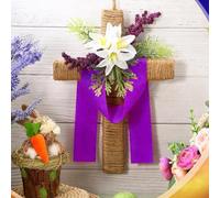 Easter Wreaths for Front Door, Easter Door Sign, Religious Hanger Cross Wreath Wall Decorations, Cross Wreath with Artificial Lilies and Ribbon, EasterDecorations for Home Indoor Outdoor Farmhouse