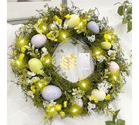 Easter Wreaths with LED String Lights,Easter Decorations - 40cm Artificial Easter Wreath for Front Door,Wall Hanging,Spring Wreath with Eggs for Easter Holiday Home Party Wall Decor