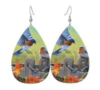 Eastern Blue Bird Print Leather Earring for Women - Lightweight Dangle Earrings, Fashion Statement Costume Jewelry