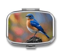 Eastern Bluebird Pill Box 2 Compartment Square Metal Pill Organizer Portable Mini Travel Medicine Case with Mirror Cute Medicine Container Holder for Pocket Purse