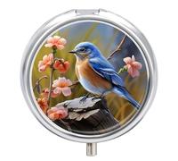 Eastern Bluebird Pill Box 3 Compartment Waterproof Pill Container with Mirror Metal Medicine Box Organizer Portable Vitamin Case for Pocket & Purse Travel - Round