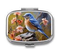 Eastern Bluebird Pill Organizer Small Pill Box with Two Compartments Pill Case Metal Medicine Organizer Portable Medicine Box Holder Medication Holder Travel Pill Container