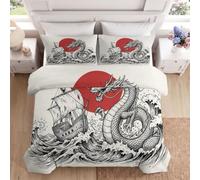 Eastern Fantasy Double Duvet Cover Set Kids/Teens bedding set | White Microfiber Bedding Set Ocean Dragon Sailing Ship Sunset Hypoallergenic Bedding Sets