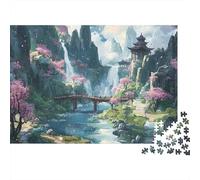 Eastern Fantasy Landscape 1000 Piece Jigsaw Puzzle for Adults, Thick Cardboard Puzzle, Waterfall Pagoda, Challenging Brain Teaser, Stress Relief & Relaxation Activity, Idea 52x38cm/1000pc