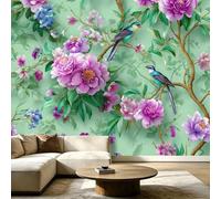 Eastern Flowers and Birds Wall Mural 150 x 105 cm (WxH) Light Green Non-Woven Photo Wallpaper, Small Birds Flowers Mural Decoration Large Wall Covering for Living Room & Bedroom