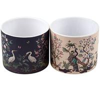 Eastern Oriental Crane Peacock Bird Design Plant Pots - Navy Cream (Set of 2)