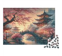 Eastern Temple Bridge Premium 1000 Piece Jigsaw Puzzle for AdultsAsian Landscape Sunset Temple Thick Sturdy Vibrant Challenging Stress Relief Game 70x50cm/1000pcs