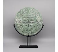 Eastern Tide Fortune Stone Carving with Metal Base, Round Natural Marble Stone Decoration with Double Happiness Sign, Light Green Jade, 11.8" Diameter