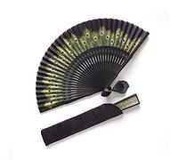Eastern Wind 8.5" black peacock hand folding fan, handheld foldable silk bamboo rave fan