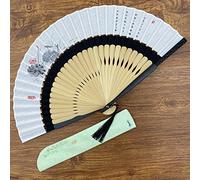 Eastern Wind Chinese white linen lotus bamboo hand fan folding