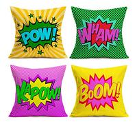 Easternproject Set of 4 Super Hero Quote Throw Pillow Case Cushion Cover Comic Book Exclamation Pattern Decorative Square 18x18 Inch Pillowcase Best Gift (Pow Wham Kapow Boom)