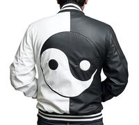 EASTIFIED Mens Yin Yang Feng Shui Taijitu Bomber Windbreaker Fashion Lightweight Slim Fit Faux Leather Black White Jacket, Black and White, XL