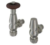 Eastlake 15mm Traditional Thermostatic Angled Radiator Valve & Lockshield, Wooden Head Satin Nickel