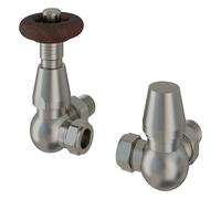 Eastlake 15mm Traditional Thermostatic Corner Radiator Valve & Lockshield, Wooden Head Satin Nickel