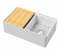 Eastlake Butler Double Bowl Ceramic Kitchen Sink with Ledge, Grid & Chopping Board