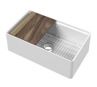 Eastlake Butler Fireclay Ceramic Kitchen Sink with Ledge, Grid & Chopping Board - 795 x 460mm