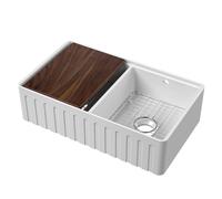 Eastlake Butler Fluted Double Bowl Fireclay Ceramic Kitchen Sink with Ledge, Grid & Chopping Board
