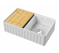 Eastlake Fluted Butler Double Bowl Ceramic Kitchen Sink with Ledge, Grid & Chopping Board