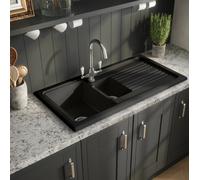 Eastlake Inset 1.5 Bowl Black Fireclay Ceramic Kitchen Sink with Lined Drainer