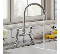 Eastlake Traditional Brushed Nickel Bridge Kitchen Mixer Tap with White Levers