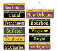 EastLink Mardi Gras Street Signs 10 Pack, Duplex Printed New Orleans Bourbon Street Decor, Waterproof PVC Carnival Party Wall Ornaments with Metal Chain for Party, Bar, Porch, or Room Decorations