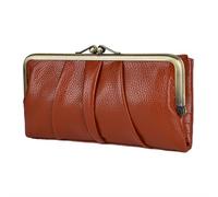 EASTNIGHTS Soft Leather Wallets for Women Compact Bifold RFID Clutch Wallet Ladies Coin Purse with Zipper and Kiss Lock, Brown, Long, Leather Women Wallet Long