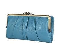 EASTNIGHTS Soft Leather Wallets for Women Compact Bifold RFID Clutch Wallet Ladies Coin Purse with Zipper and Kiss Lock, Blue, L, Vintage Fashion Wallet