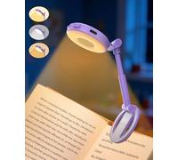 EastPin Book light Gifts for Women: 18 LED Rechargeable Reading Light Clip on Books with Timer & Memory, 3 Color & Temperatures Stepless Dimming Compact Night Reading Lamp for Camping Crafting, Purple