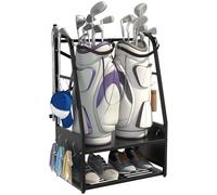 Eastrexon 2-in-1 Wall Mount Golf Bag Organizer - Holds 2 Golf Bags w/ 4 Club Racks, 10 Hooks & Storage Shelf - Free-Standing Golf Bag Stand w/Adjustable Feet for Garage, Store, Club, Shed
