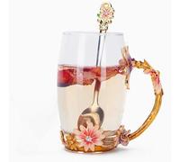 Eastrise Enamel Flower Glass Tea Cup,Beautiful Present for Her-Women Mom Friends Teacher,Durable Enamel Flower Glass Coffee Cup with Spoon for Birthday Christmas Valentine and Mother's Day (High)