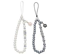Eastrise Phone Charm 2PCS, Sparkling Crystal Beaded Wrist Strap with Camellia Charm, Grey & White, Anti-Loss Lanyard for Women