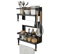 EASTTOWEST Magnetic Spice Rack,4 Tier Kitchen Magnetic Shelf for Refrigerator Fridge Organizer with 2 Paper Towel Holders and 5 Removable Hooks,Matte Black