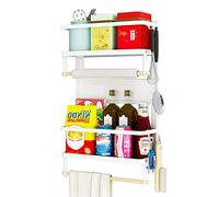 EASTTOWEST Magnetic Spice Rack,4 Tier Kitchen Magnetic Shelf for Refrigerator with 2 Paper Towel Holders and 5 Removable Hooks,Matte White